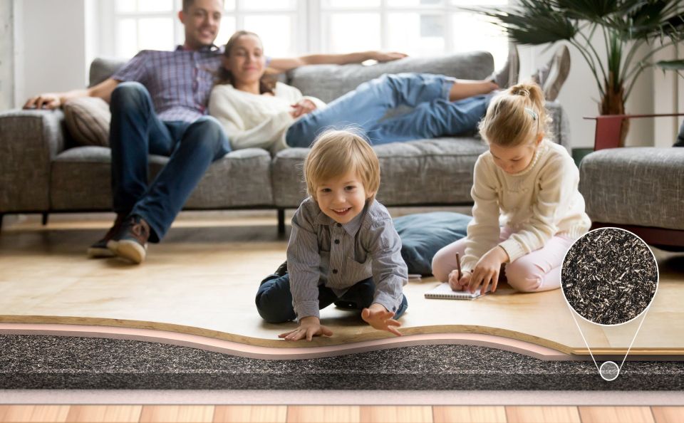 Familie mit Kindern auf einem Boden mit Meha Ausgleichsschüttung